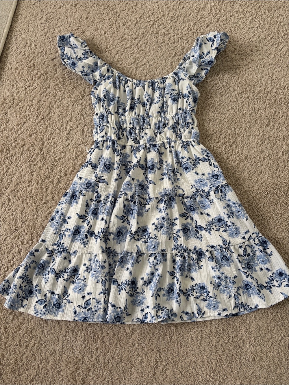White Summer Dress with Blue Floral Print